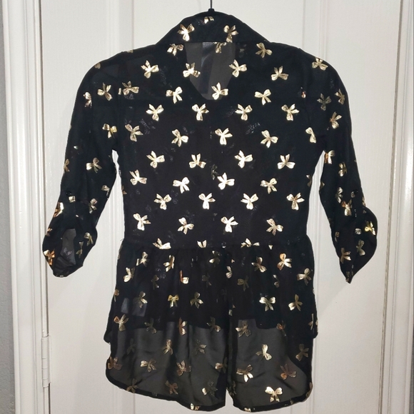 Metallic Bows Sheer Ruffled High-Low Top - Picture 2 of 6